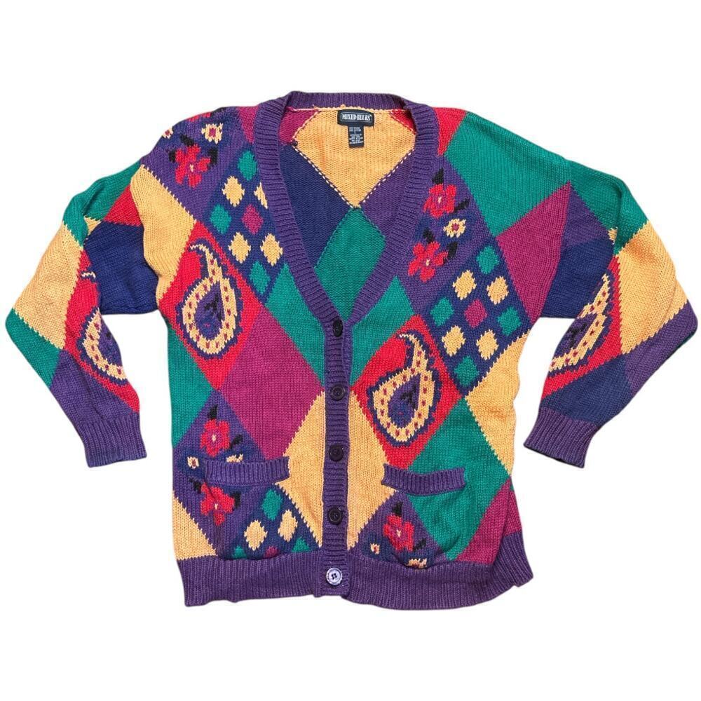 Vintage 90's Mixed Blues Multicolor Oversized Baggy Cardigan Sweater Size L
